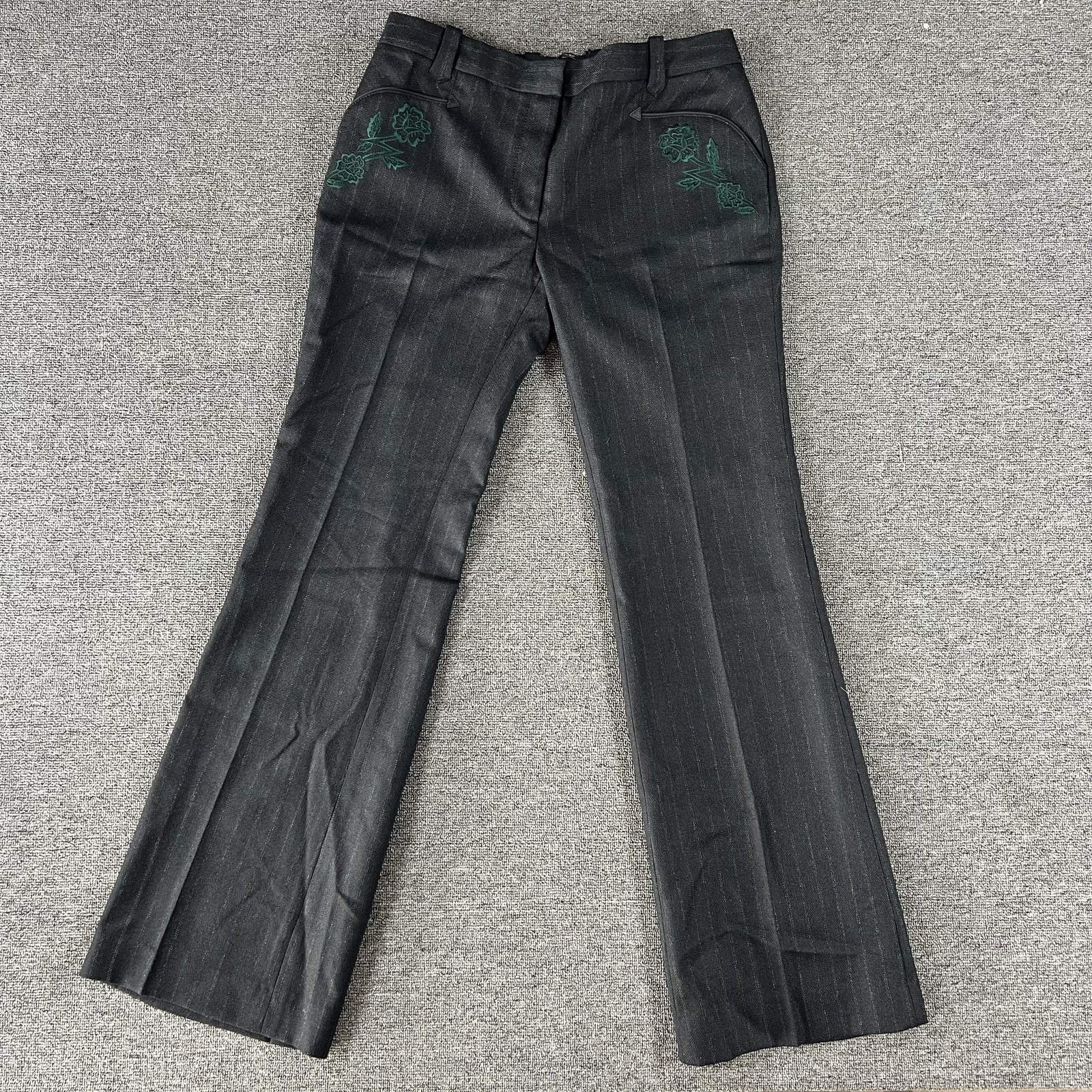 Coach Pants Womens 6 Black Emb Tailored Trouser Pinstripe Rose Embroidered